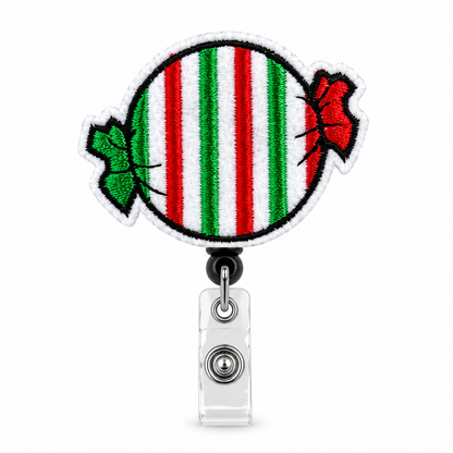 8. Striped Candy Christmas badge reel, brightened product image on white