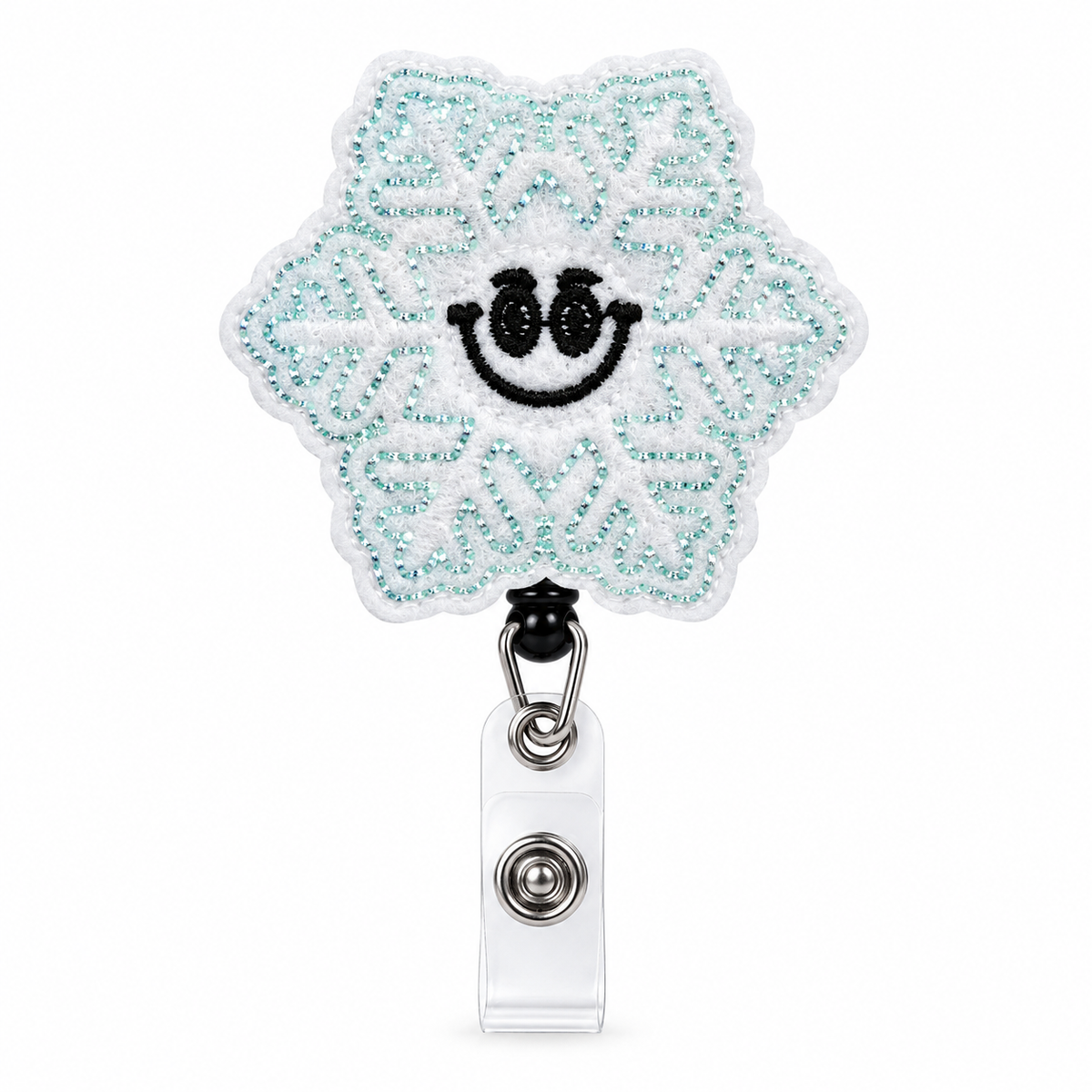 9. Smiling Snowflake Christmas badge reel, brightened product image on white
