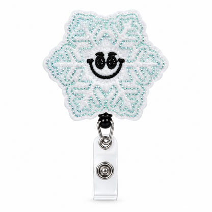 9. Smiling Snowflake Christmas badge reel, brightened product image on white