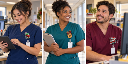 Illustrative digital workplace mockups showing Christmas badge reel designs 1 to 3 on nurses' scrub pockets; ID cards and scrubs not included