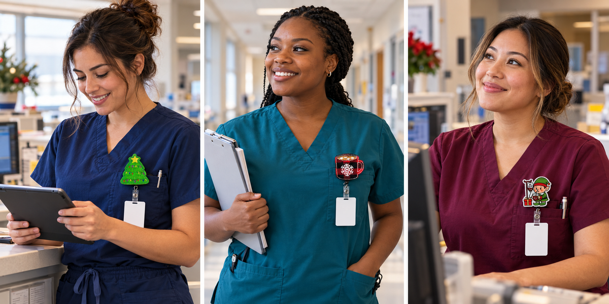 Illustrative digital workplace mockups showing Christmas badge reel designs 4 to 6 on nurses' scrub pockets; ID cards and scrubs not included