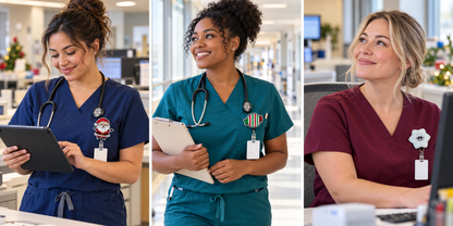 Illustrative digital workplace mockups showing Christmas badge reel designs 7 to 9 on nurses' scrub pockets; ID cards and scrubs not included