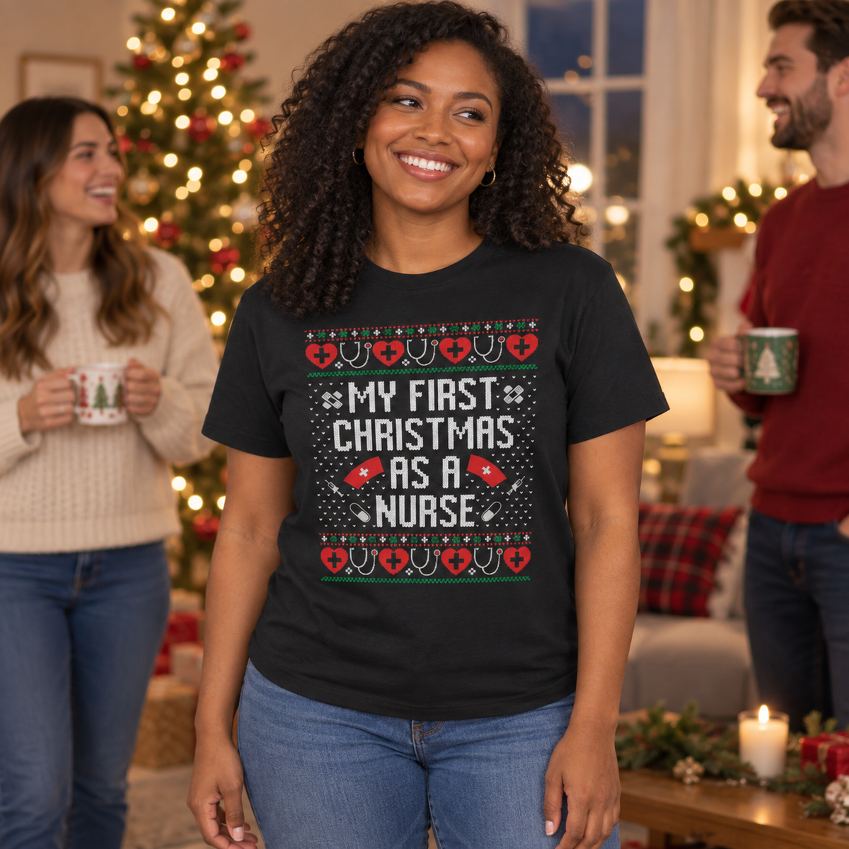 Lifestyle mockup of the black My First Christmas as a Nurse tee worn with jeans at a Christmas gathering.