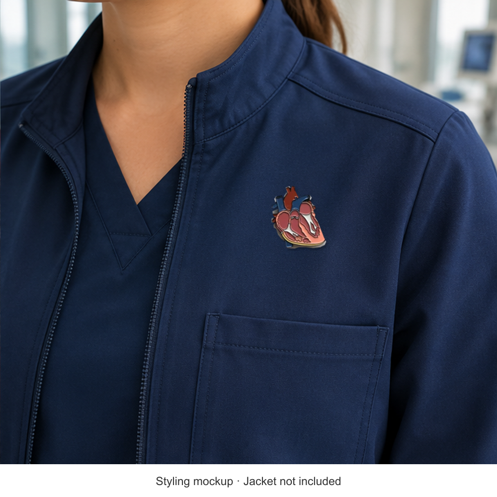 heart nurse jacket mockup; styling mockup showing the original pin, accessories not included