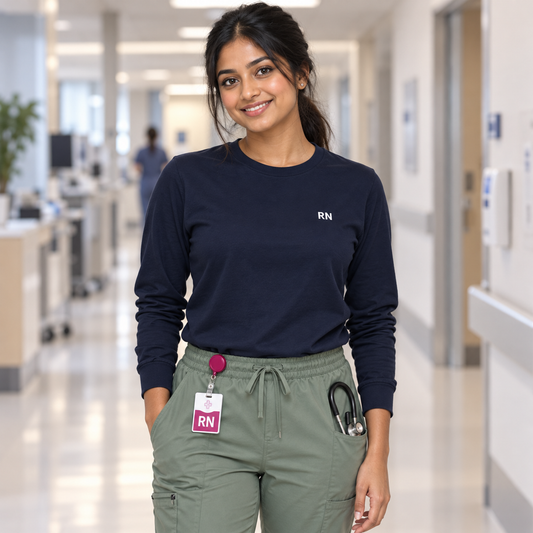 Nurse wearing a navy Nursify RN long sleeve shirt tucked into sage scrub pants, with a pink badge reel at the waistband.
