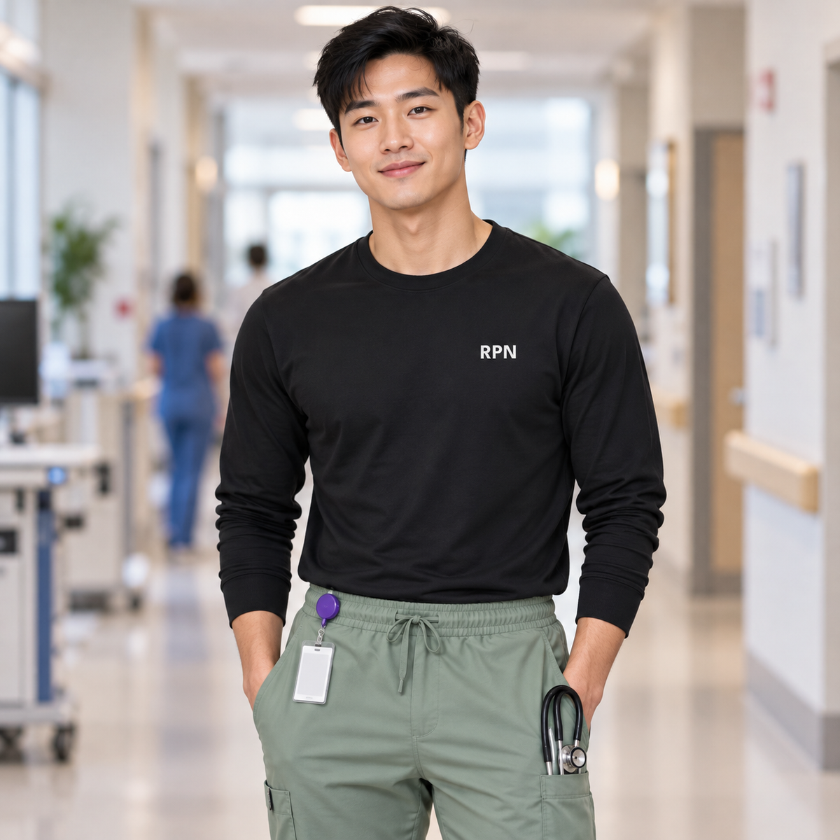 Male nurse wearing a black Nursify RPN long sleeve shirt tucked into sage scrub pants.