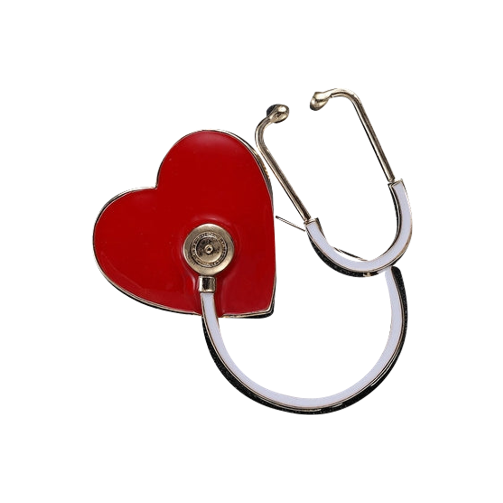 Original red heart and white stethoscope enamel pin isolated on white, with original metal details