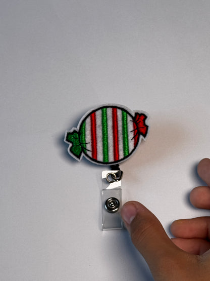 8. Striped Candy. Actual Striped Candy Christmas Badge Reel front