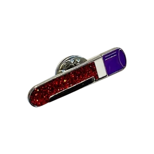 Original vial of blood enamel pin with purple cap, white band, red glitter and silver edge on a white background