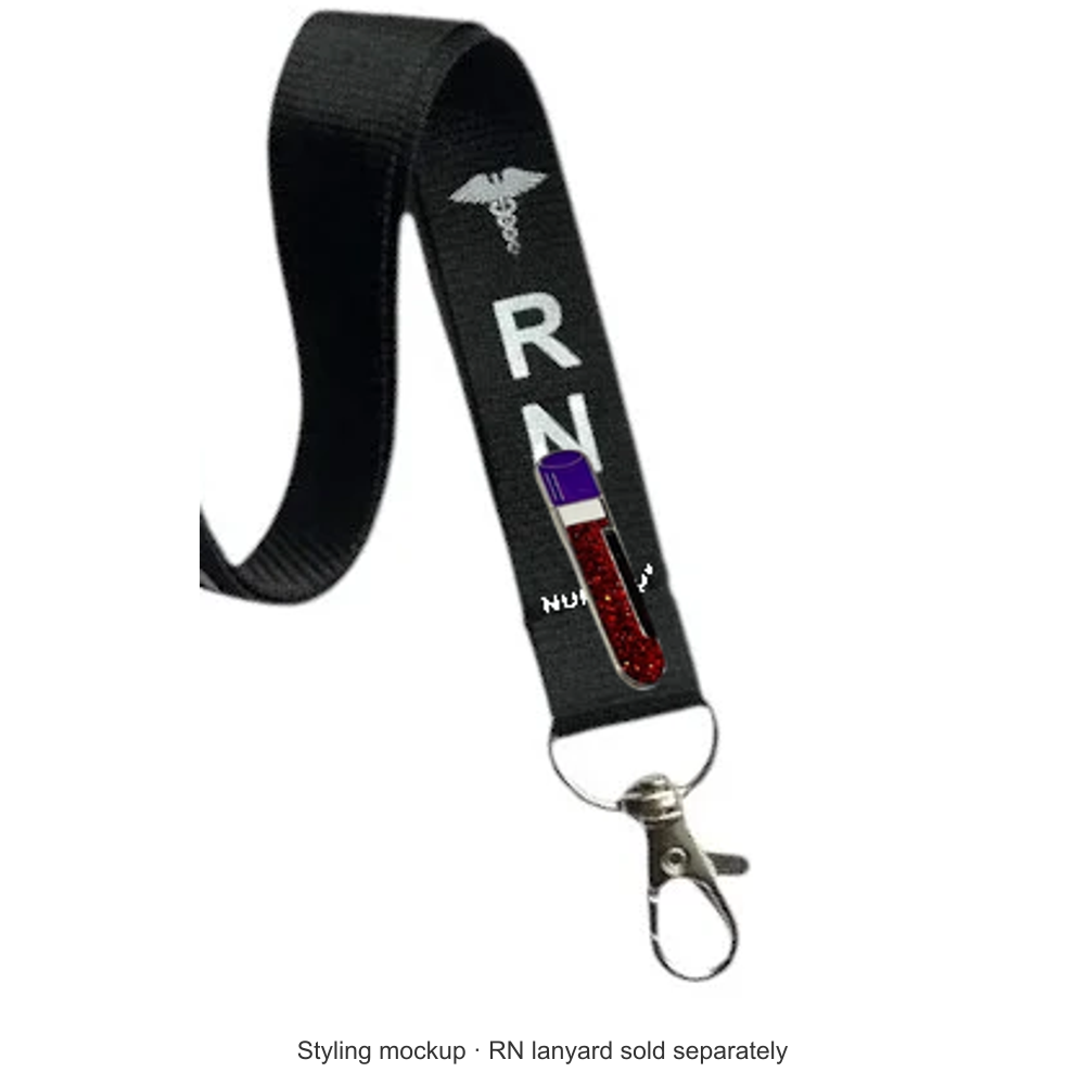 Original vial of blood enamel pin attached to an actual black Nursify RN lanyard; styling mockup, lanyard sold separately