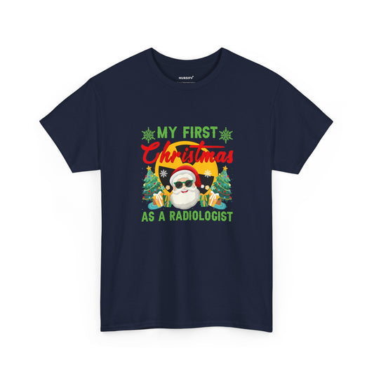 Navy first Christmas as a radiologist T-shirt with plain sleeves and Nursify Proud Representation inside the back neckline
