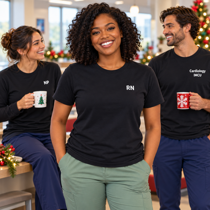 Custom left chest role T-shirt examples worn by RN, NP and Cardiology IMCU colleagues