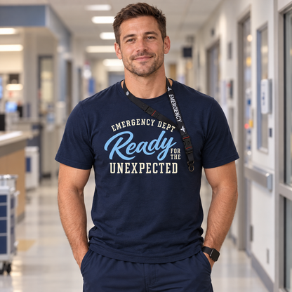 Nurse wearing a navy Ready for the Unexpected emergency department shirt with a black Emergency lanyard