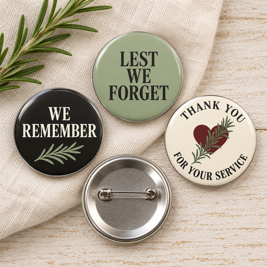 Three 37 mm Remembrance buttons and a separate reverse view showing the metal pin backing