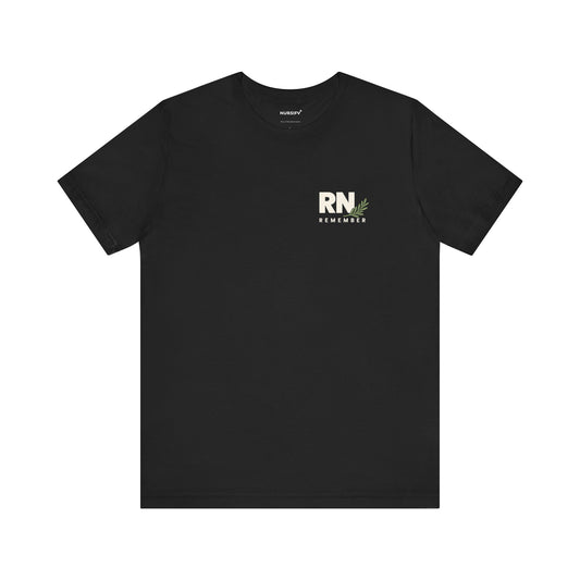 RN rosemary Remember black shirt, front view