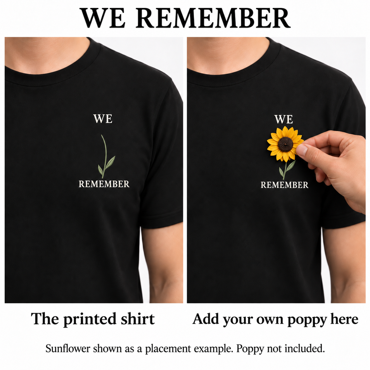 Illustrative placement guide showing a sunflower where a separately obtained poppy can be pinned. Flower is not printed and is not included.