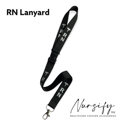 Black RN double-breakaway lanyard with repeating white RN lettering and Nursify branding