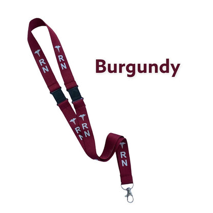 Burgundy RN double-breakaway lanyard with white lettering and metal clasp
