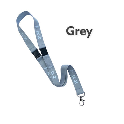 Grey RN double-breakaway lanyard with white lettering and metal clasp