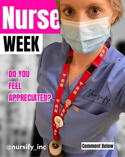 Nurse wearing a red RN lanyard with blue scrubs during Nurses Week