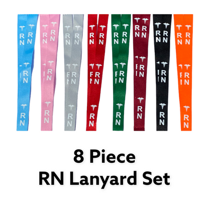 Eight RN lanyards in blue, pink, grey, red, green, burgundy, black and orange