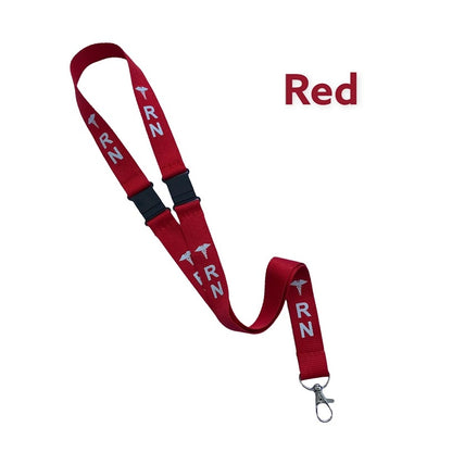 Red RN double-breakaway lanyard with white lettering and metal clasp