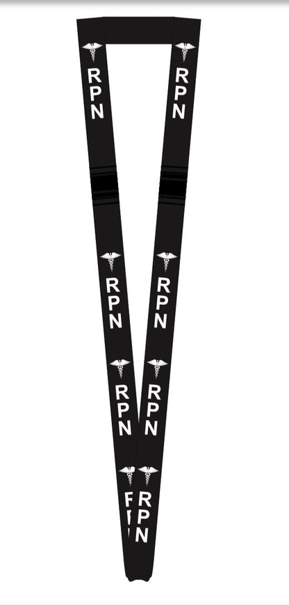 Full-length black RPN lanyard with repeating white RPN lettering and medical symbols