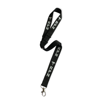 Black RPN double-breakaway lanyard with repeating white RPN lettering