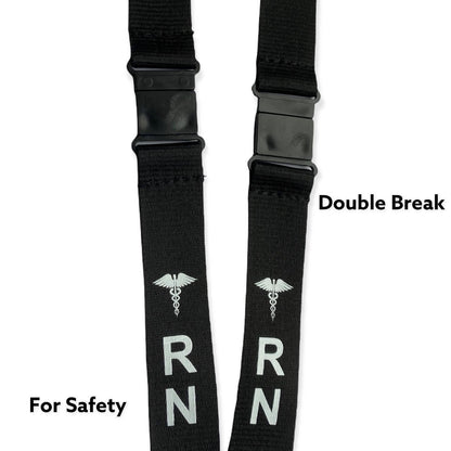 Two safety breakaway clasps on the black RN lanyard