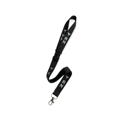 Full black RN double-breakaway lanyard with repeating white RN lettering and metal clasp