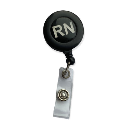 Black retractable RN badge reel with clear ID strap
