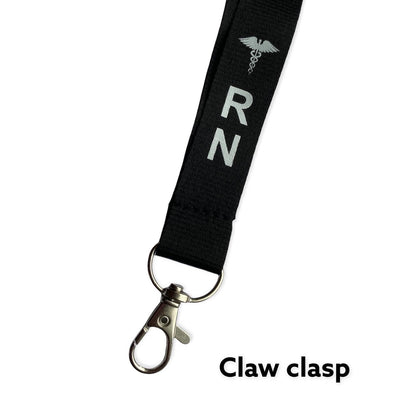 Metal claw clasp on the black RN double-breakaway lanyard