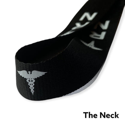Neck section of the black RN lanyard with white medical symbol