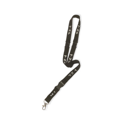 Black NP double-breakaway lanyard with repeating white NP lettering