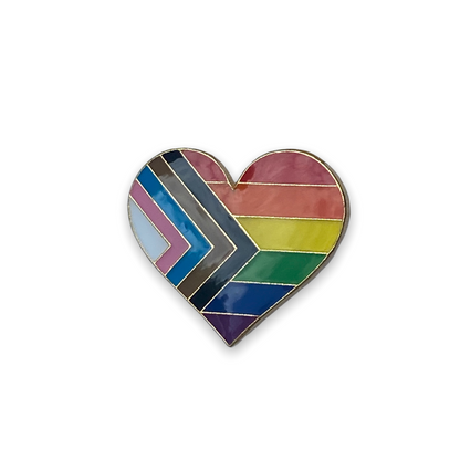 Progress Pride heart enamel pin with multicolour design and gold-tone outline