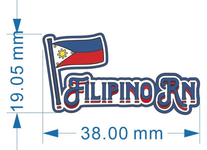 Filipino RN enamel pin dimensions showing 38 mm by 19 mm