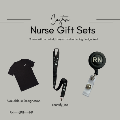 Custom Nursify nurse gift set with T-shirt, lanyard and matching badge reel