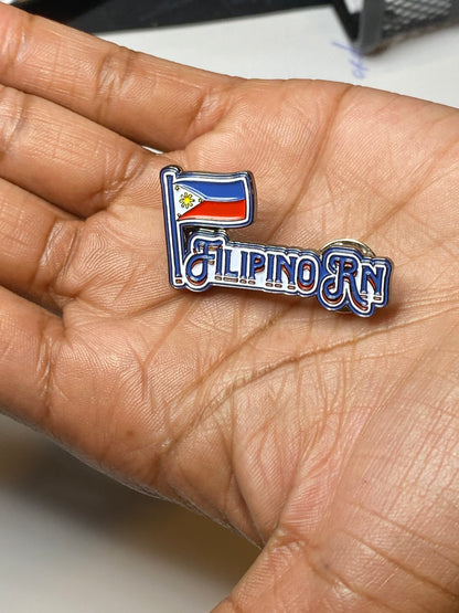 Filipino RN enamel pin displayed in a hand for size reference
